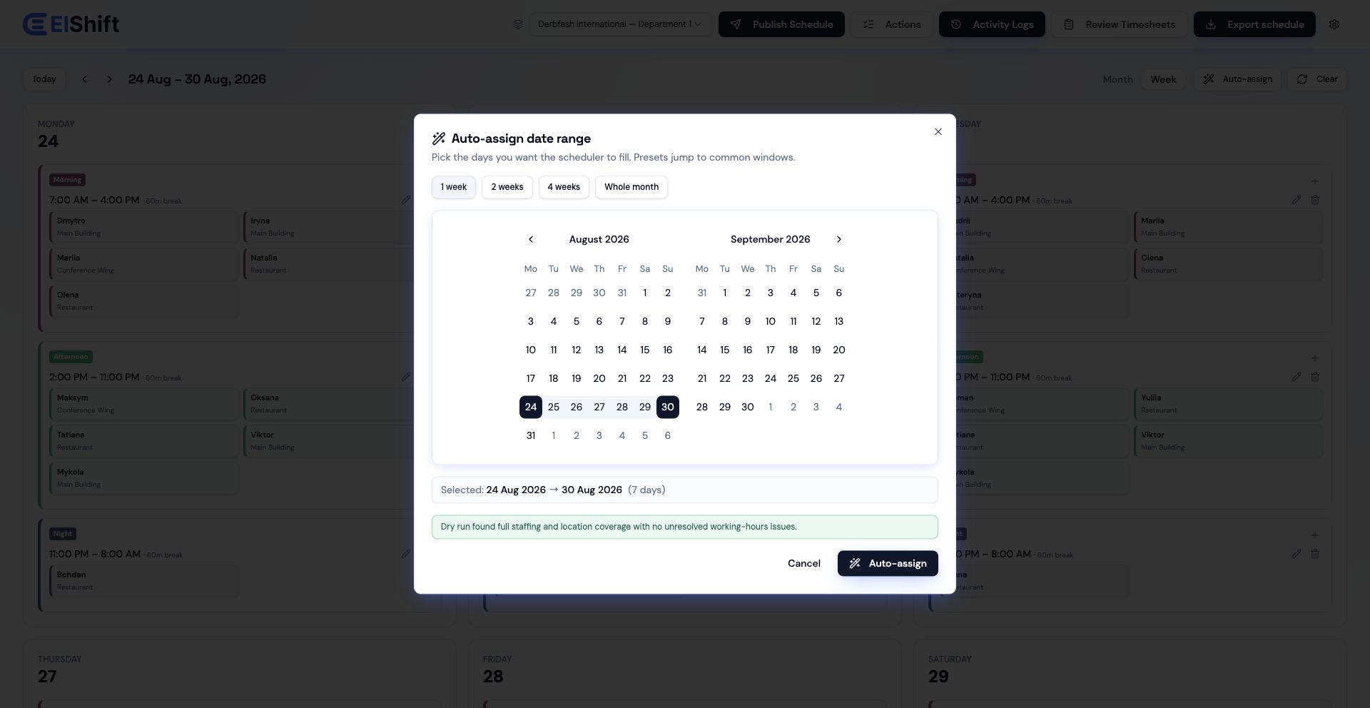 ElShift Auto-Assign date-range selection for automatic employee shift scheduling