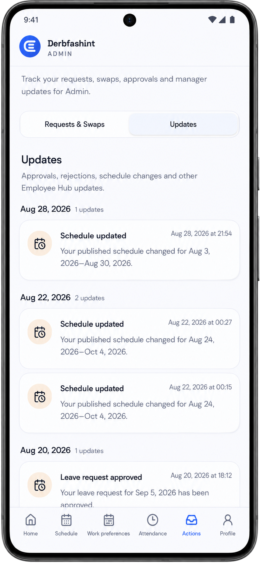 ElShift Employee Hub Updates screen shown in an Android device frame