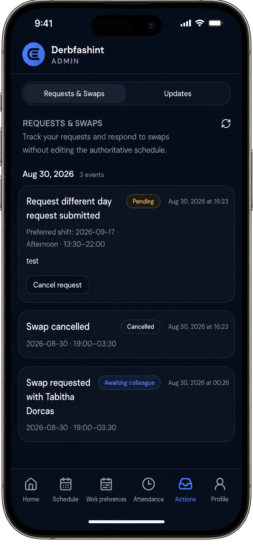 ElShift Employee Hub Requests and Swaps screen shown in an iPhone device frame