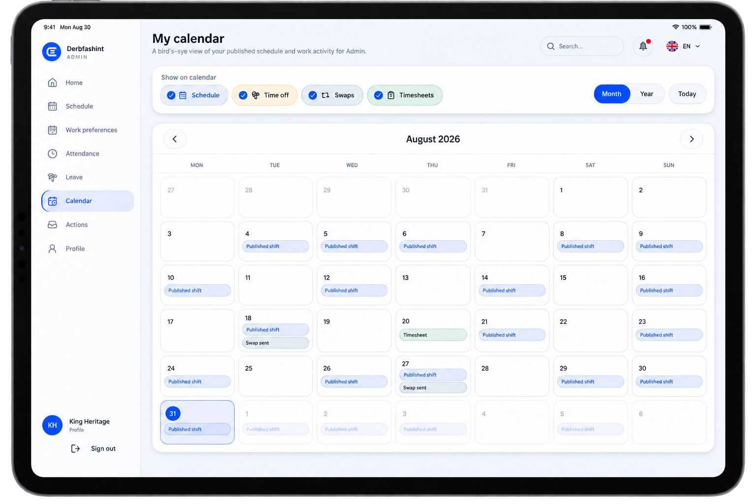 ElShift Employee Hub calendar on iPad showing published shifts, time off, swaps, timesheets, and month and year controls