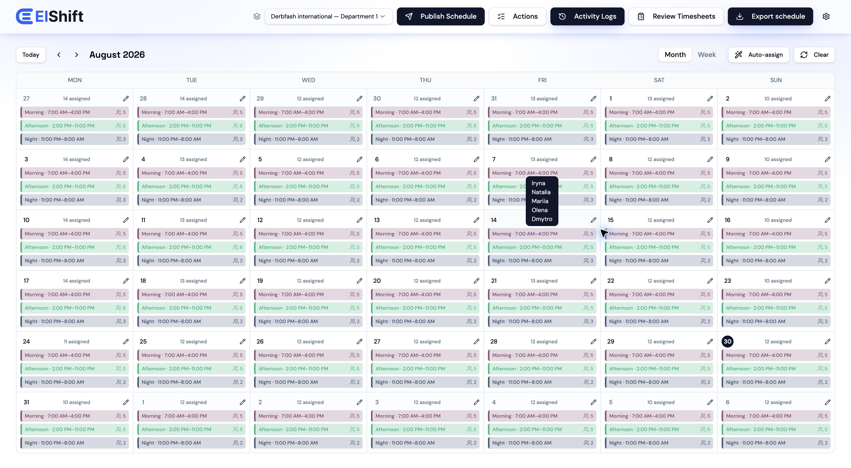 ElShift monthly employee schedule with assigned morning, afternoon, and night shifts